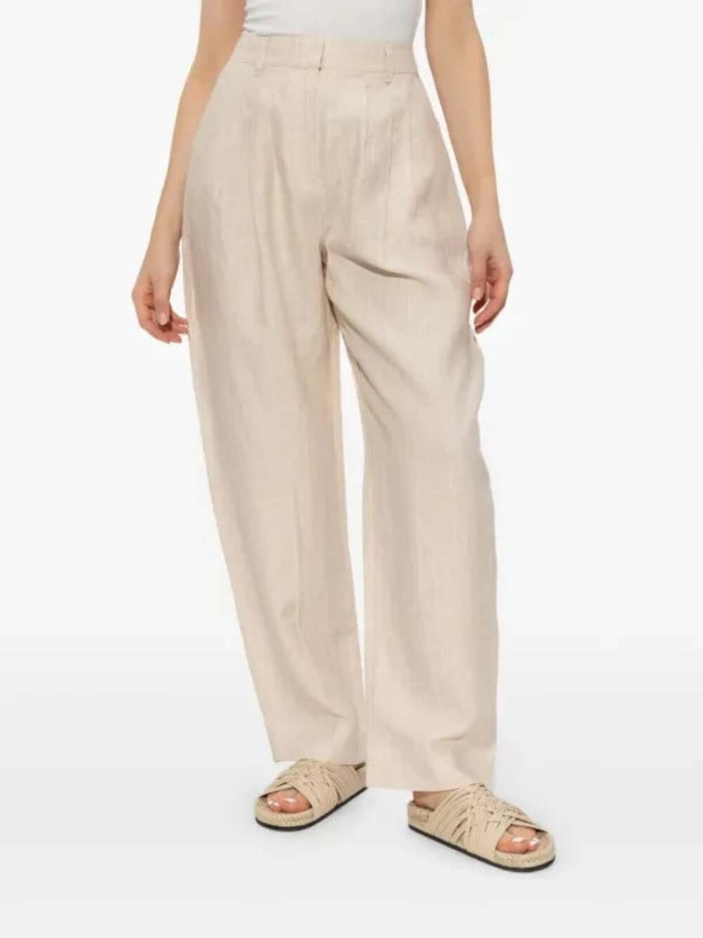 Posse Women's Large Beige Linen Lucille Trousers Wide Leg Pleated High Waisted